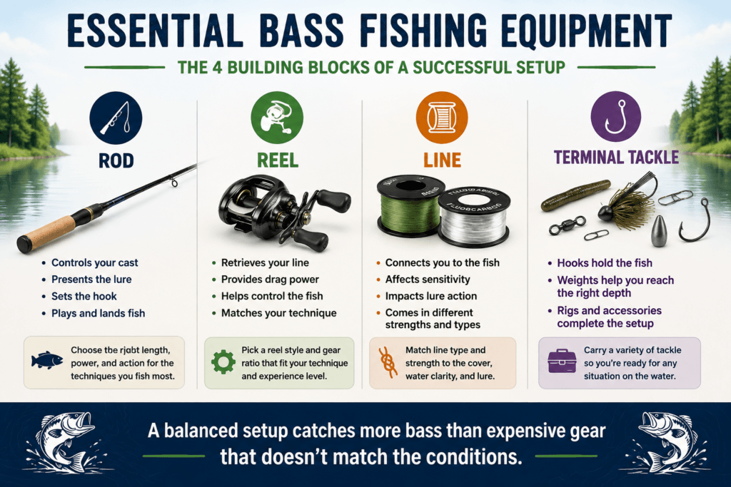 Bass fishing equipment infographic showing the four essential components of a successful setup: rod, reel, fishing line, and terminal tackle.
