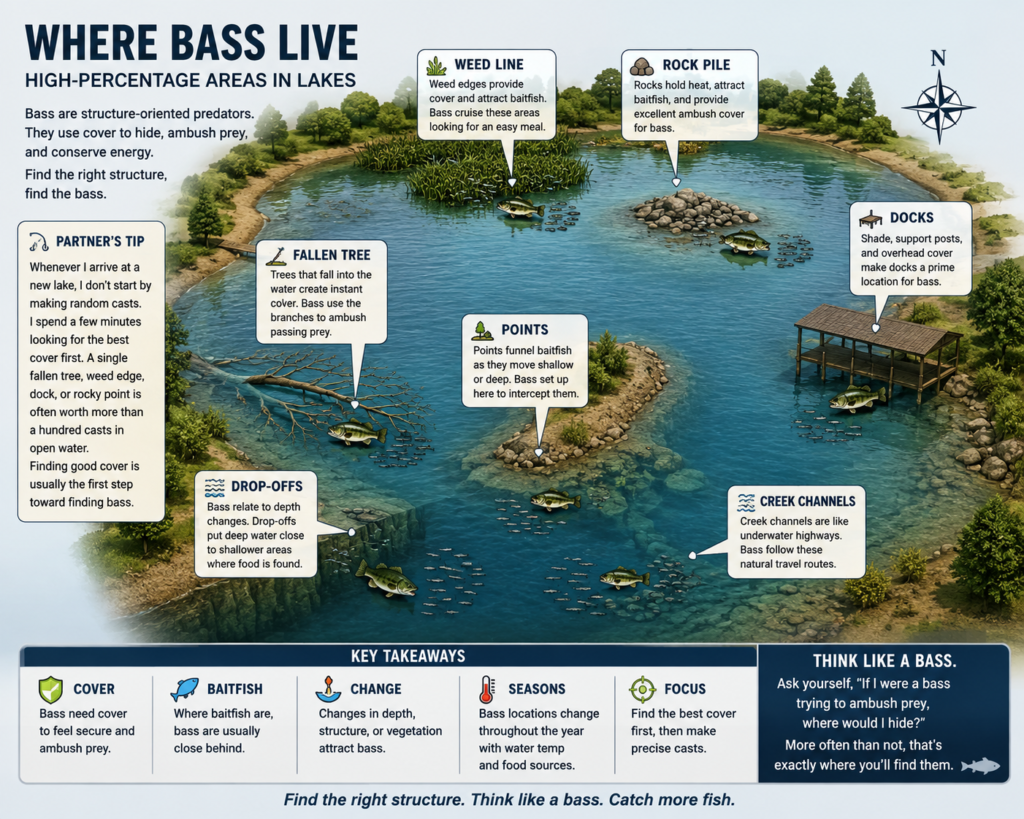 Bass habitat infographic showing high-percentage areas in lakes, including weed lines, rock piles, docks, points, fallen trees, creek channels, and drop-offs where bass commonly hold.