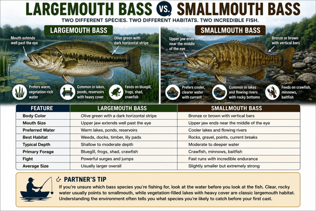Comparison infographic showing the differences between largemouth bass and smallmouth bass, including habitat, appearance, and behavior.