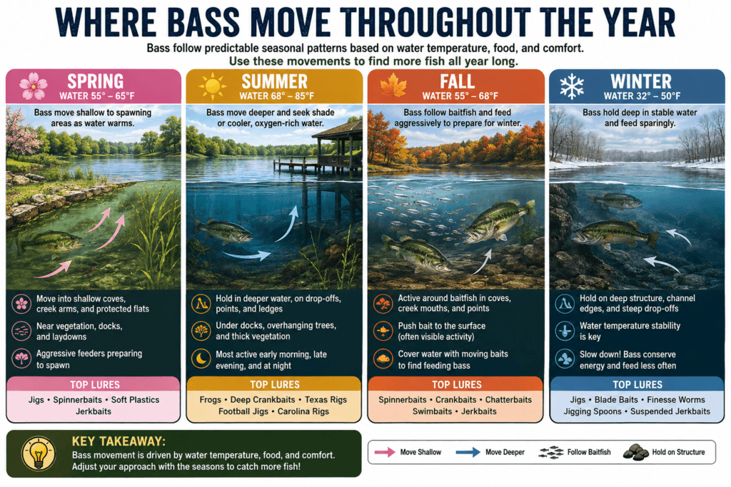 Seasonal bass fishing infographic showing spring, summer, fall, and winter bass locations, lure choices, and fishing tips.