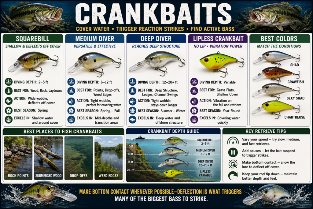 Bass crankbait infographic showing squarebill, medium-diving, deep-diving, and lipless crankbaits with recommended depths, cover, and retrieves.