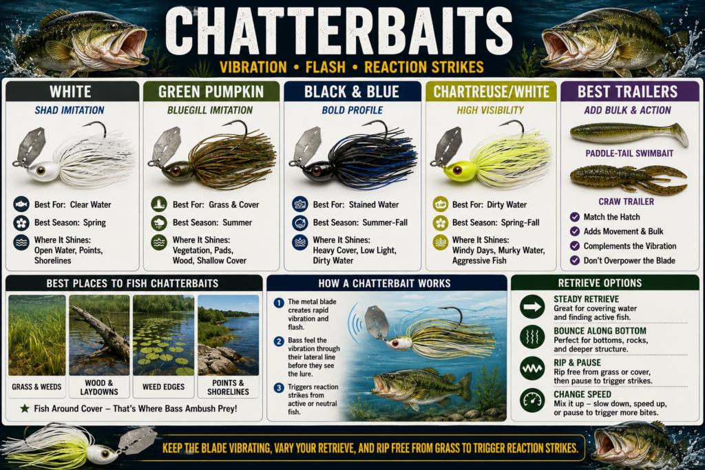 Bass chatterbait infographic showing popular chatterbait colors, trailers, retrieves, and the best fishing conditions for vibrating jigs.
