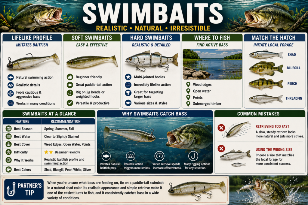Bass swimbait infographic comparing soft and hard swimbaits, natural baitfish colors, and the best retrieves for different fishing situations.