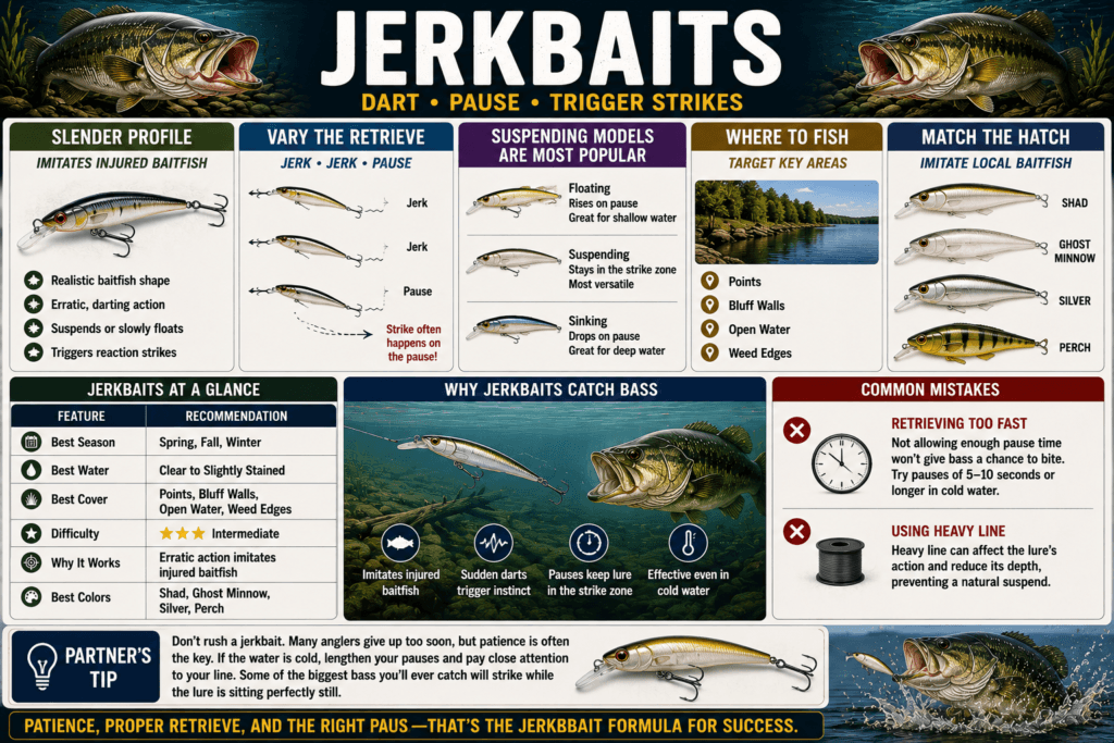 Bass jerkbait infographic showing floating, suspending, and sinking jerkbaits with recommended retrieves, pause techniques, and seasonal use.