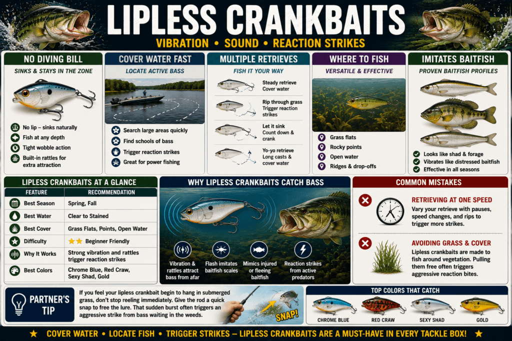 Lipless crankbait infographic showing vibration baits, recommended colors, retrieves, grass fishing techniques, and seasonal bass fishing applications.