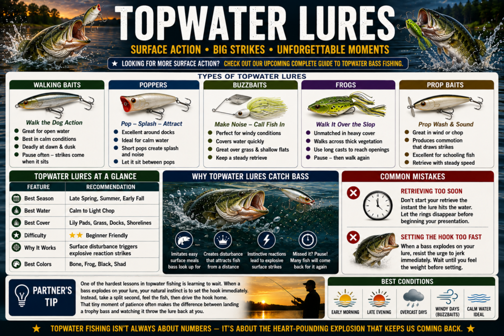 Topwater bass lure infographic showing frogs, poppers, walking baits, buzzbaits, and prop baits with the best conditions for exciting surface strikes.