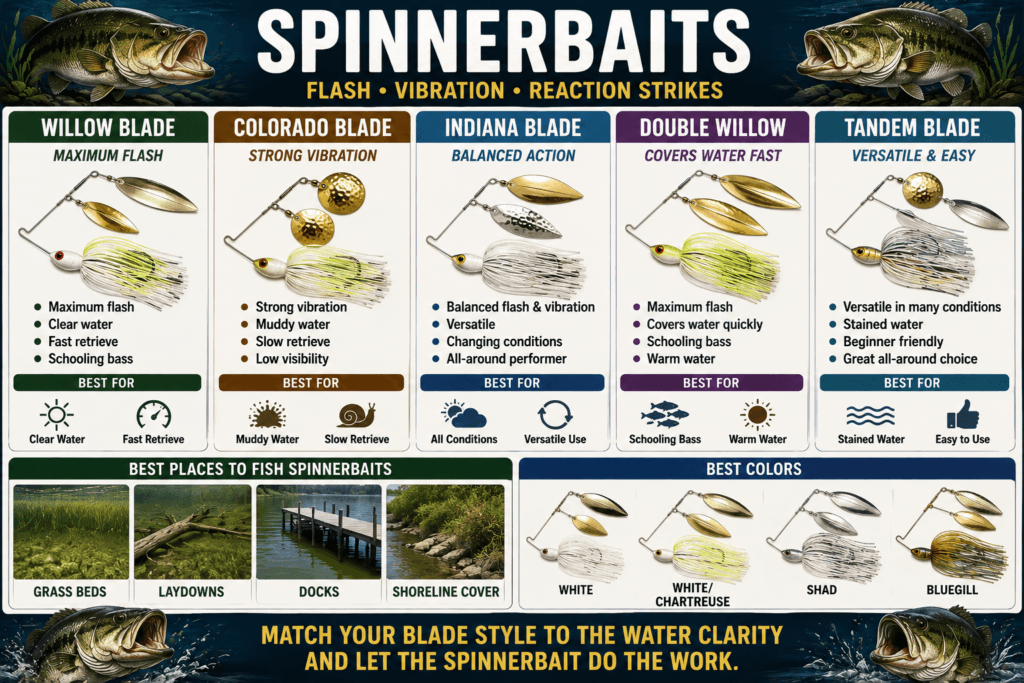 Bass spinnerbait infographic comparing willow, Colorado, Indiana, tandem, and double willow blade styles with their best water conditions and fishing techniques.
