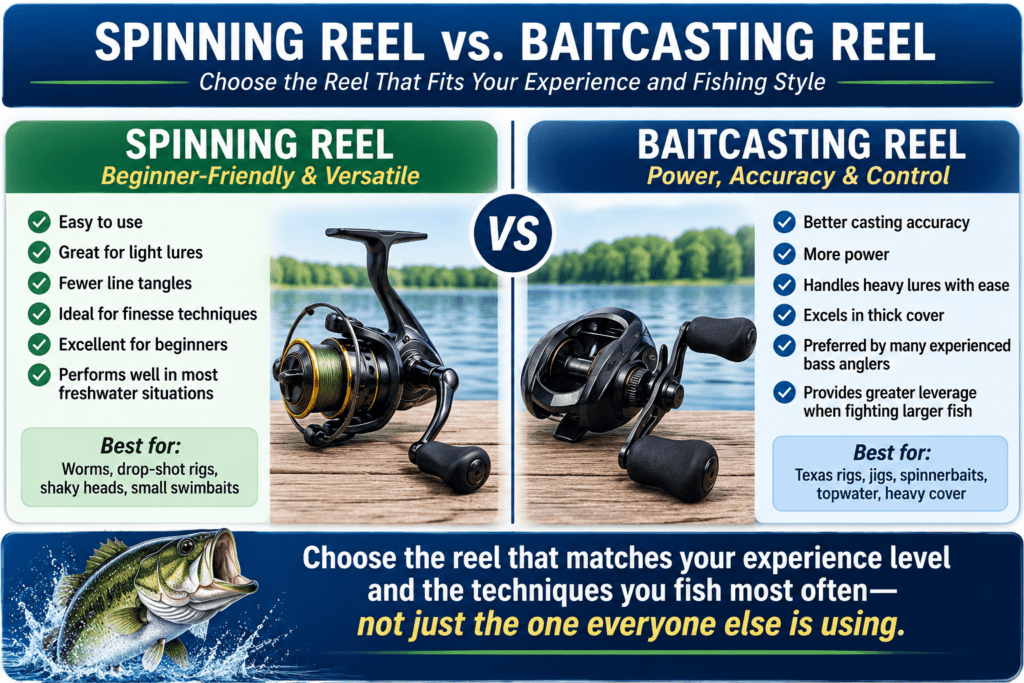 Bass fishing reel infographic comparing spinning reels, baitcasting reels, gear ratios, and recommended applications.