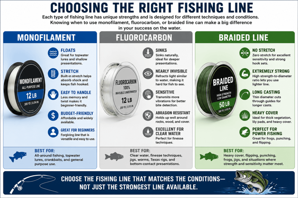 Bass fishing line infographic comparing monofilament, fluorocarbon, and braided fishing line with recommended uses.
