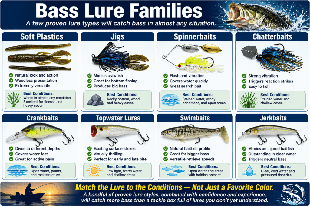 Bass lure families infographic showing the primary lure categories used for catching bass in different fishing conditions.