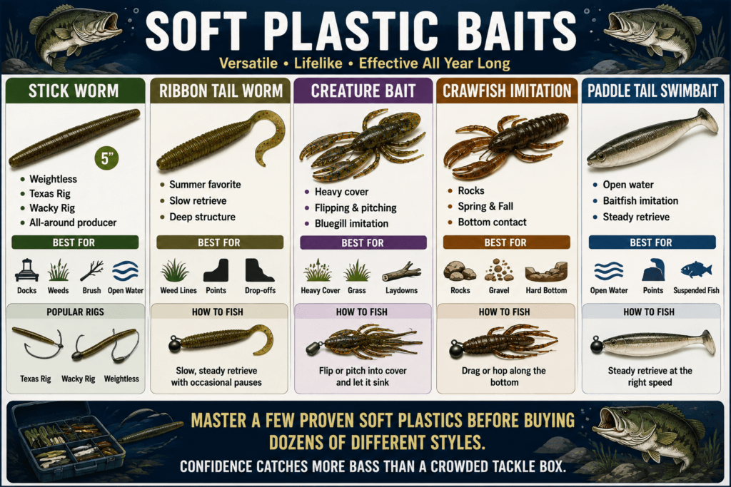 Soft plastic bass lure infographic showing stick worms, ribbon-tail worms, creature baits, crawfish imitations, and paddle-tail swimbaits with their best fishing applications.