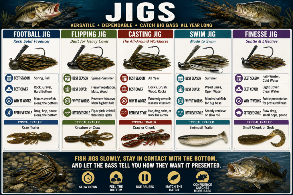 Bass fishing jig infographic showing flipping jigs, football jigs, finesse jigs, swim jigs, and casting jigs with their best fishing conditions and techniques.