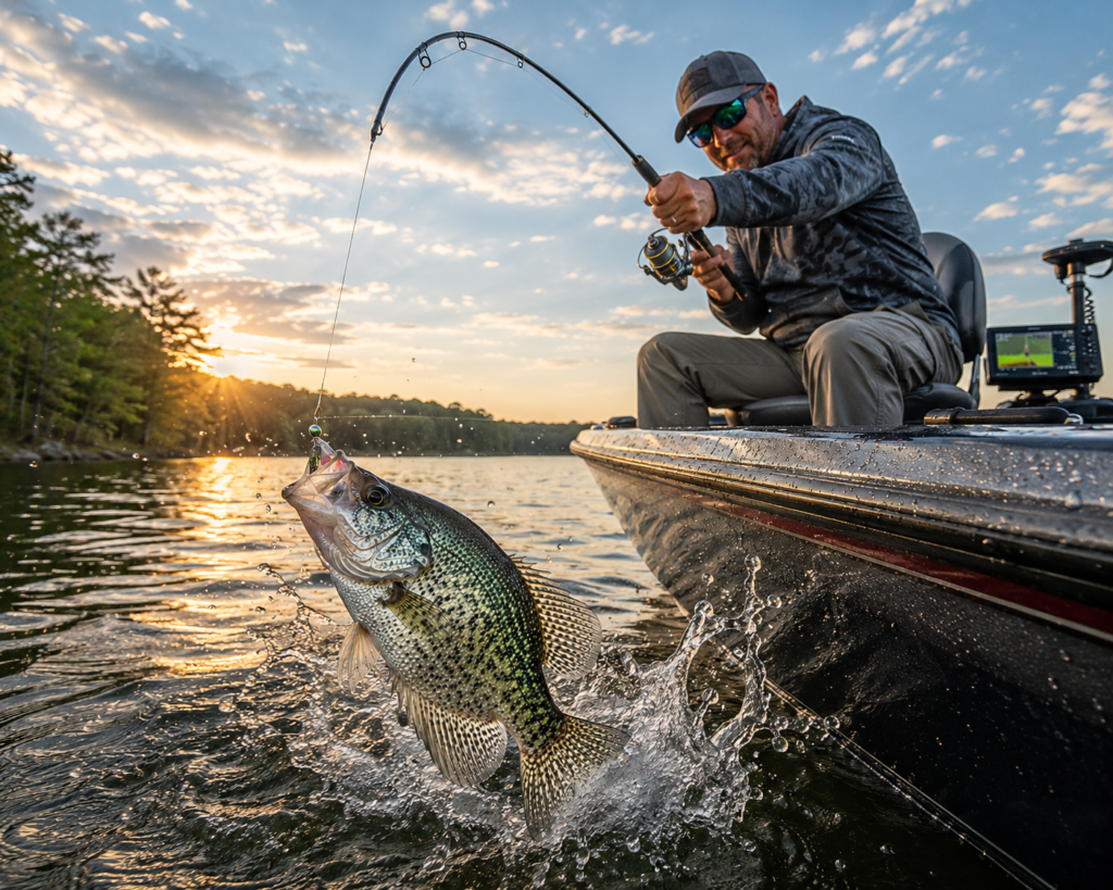 Crappie being caught from a fishing boat